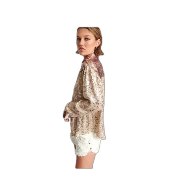 Women’s Rose Gold Sequin Western Shirt, Size Small - Picture 3 of 9